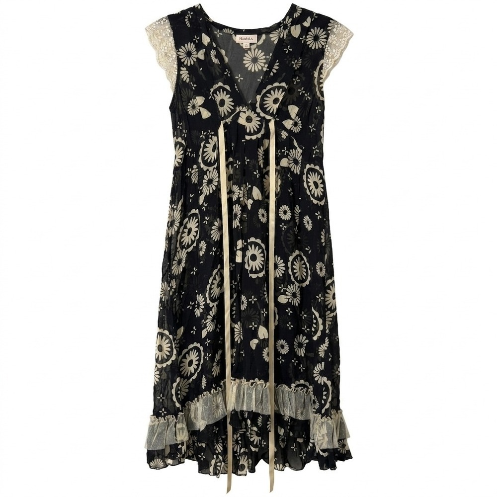Fashion Spy XS whimsy goth Y2K Floral Mesh Midi Dress with Lace Trim & Ribbon